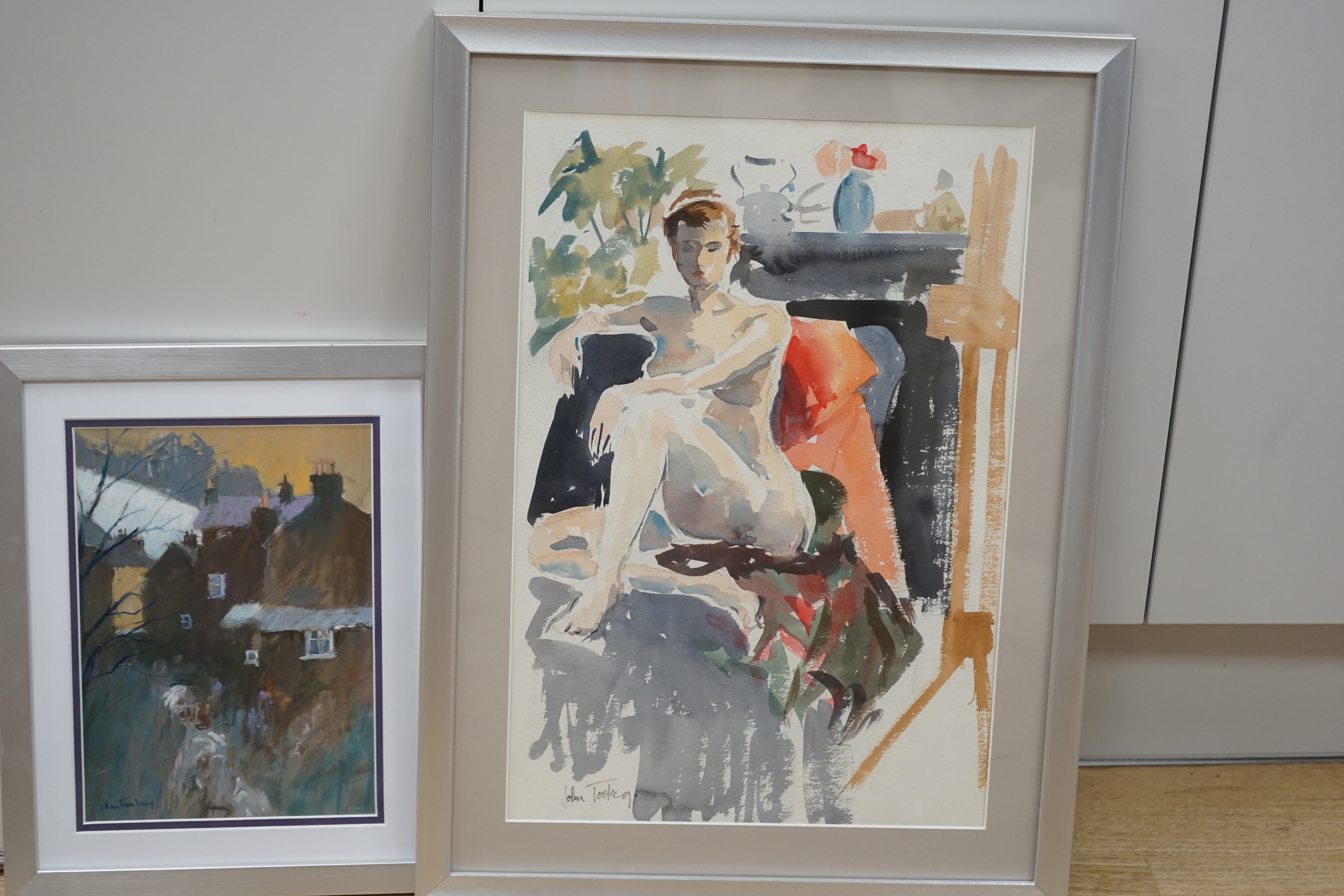John Tookey (b.1947), two pastels, Landscapes, and a watercolour, Nude woman, each signed, 49 x 34cm. Condition - fair to good